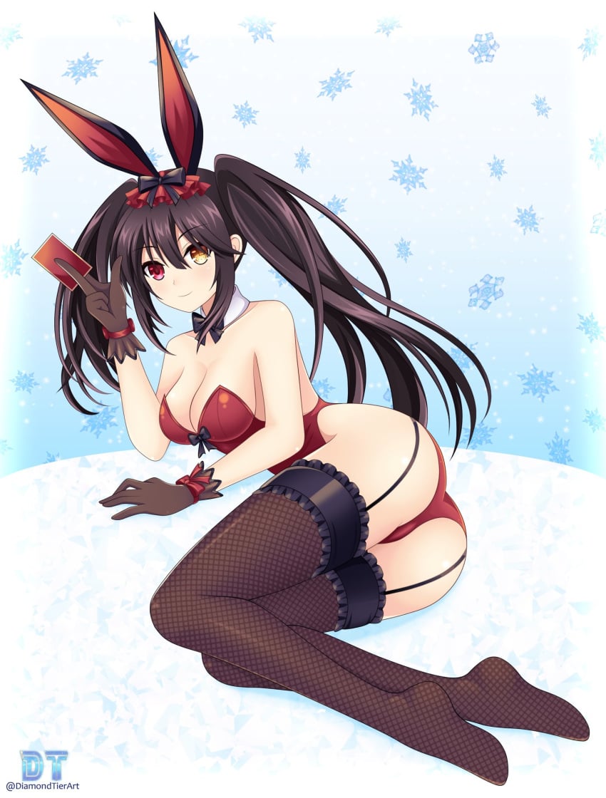 1girls black_hair breasts bunny_ears bunnysuit card cleavage date_a_live female female_focus female_only full_body gloves heterochromia highres holding_card holding_object light-skinned_female light_skin long_hair looking_at_viewer red_eyes short_gloves smiling smiling_at_viewer snowflake snowflake_background solo solo_female stockings thighhighs tokisaki_kurumi twintails