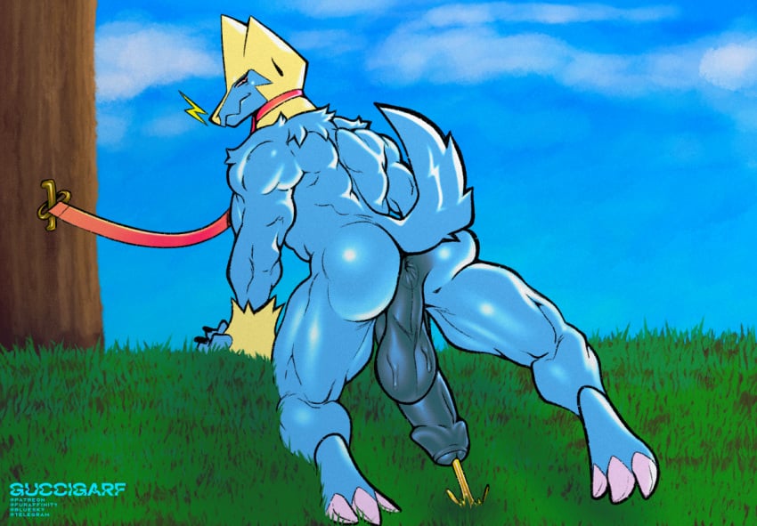 anthro anus ass ass_focus balls big_balls big_penis blue_body bodily_fluids canid canine collar digital_media_(artwork) erection exhibitionism foreskin fur generation_3_pokemon genital_fluids genitals guccigarf humanoid_genitalia humanoid_penis leash male male_focus male_only malesub mammal manectric muscular muscular_male nintendo nude park peeing penis pokemon pokemon_(species) presenting_ass presenting_balls presenting_penis public raised_leg solo solo_male spread_legs spreading submissive_male urine urine_stream watersports