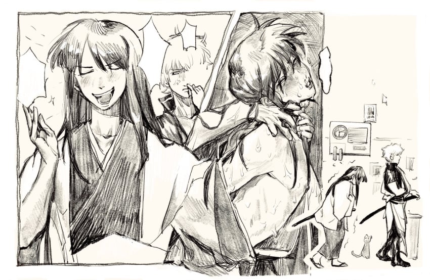 2boys after_sex androgynous annoyed asphyxiation blush choking eyes_rolling_back from_behind gay ginsp00n gintama gintoki_sakata implied_anal implied_sex instant_loss katsura_kotarou kimono long_hair long_hair_male male male_only monochrome multiple_images neck_grab smug sweat yaoi