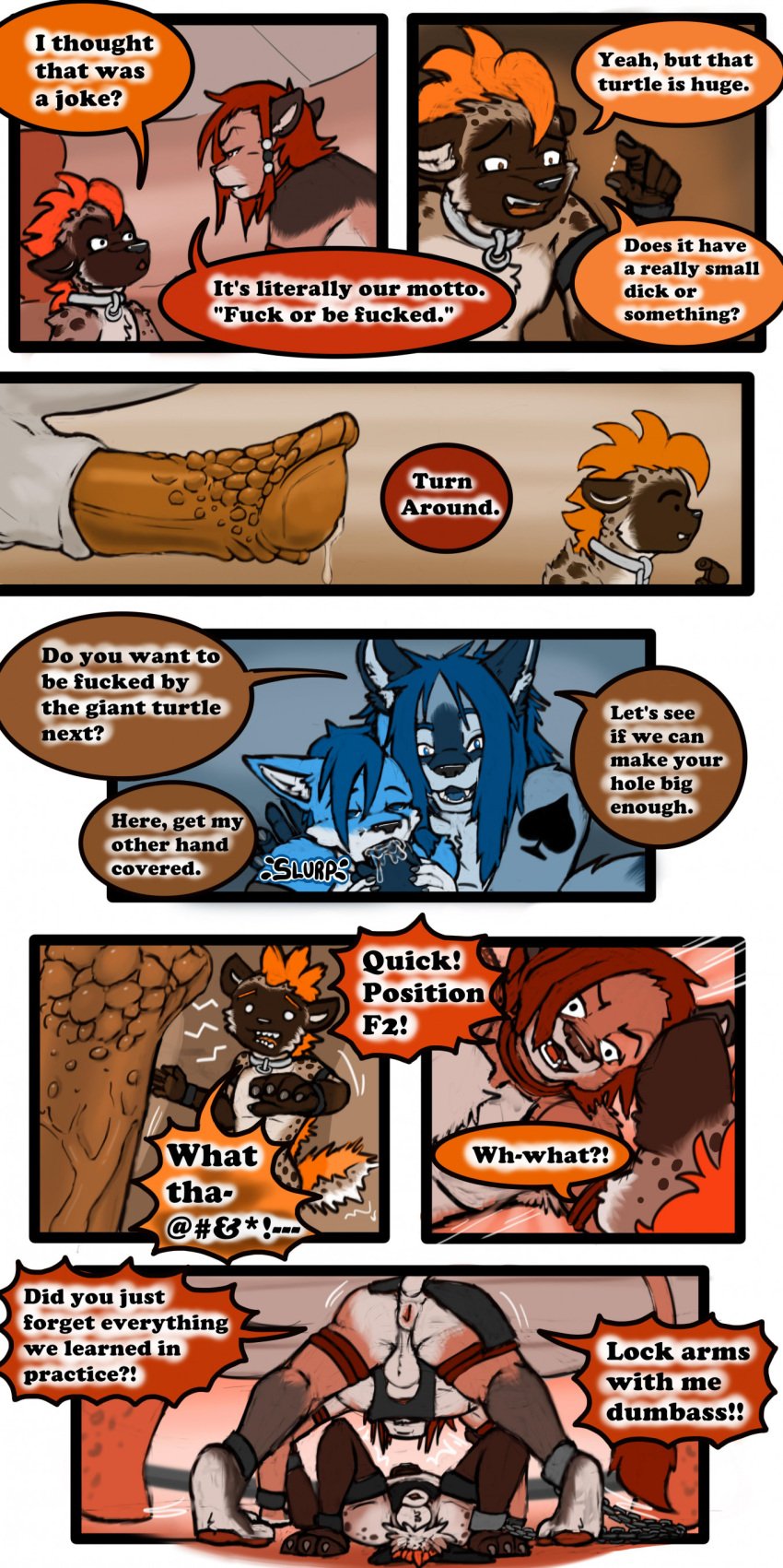 2021 absurd_res anthro anus ass big_penis biped bodily_fluids canid canine canis cobalt_(tatsuchan18) collar comic detailed_background dialogue drooling english_text fox fur genital_fluids genitals group hair havoc_(tatsuchan18) hi_res huge_cock hyena looking_pleasured lying male male/male mammal mouth_play on_back on_ground on_top panicking penis precum presenting presenting_hindquarters profanity saliva sitting spade_(tatsuchan18) speech_bubble standing tatsuchan18 text wolf