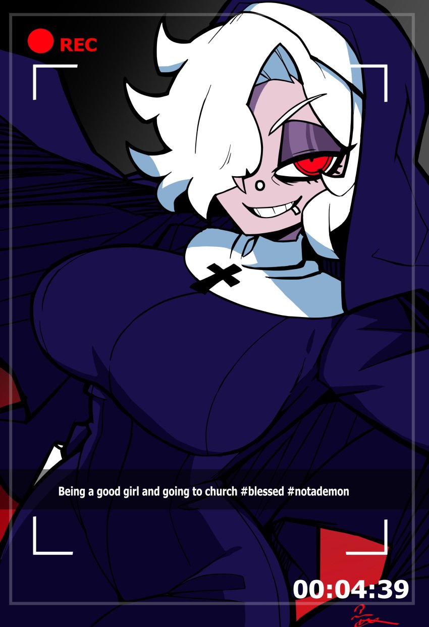 breasts camera demon demon_girl eyeshadow female_only habit hair_over_one_eye helltaker huge_breasts lip_piercing nose_piercing nun nun_costume nun_outfit piercing recording red_eyes short_hair smile snapchat solo text thieviusa white_hair wide_hips zdrada_(helltaker)