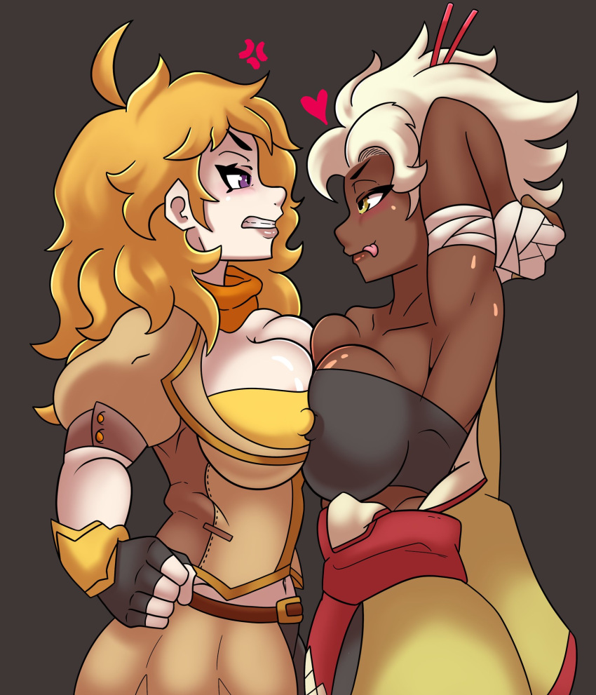 2girls abs angry armpits arslan_altan big_breasts blonde_hair breast_press chocolate_and_vanilla clothing dark-skinned_female female golden_eyes heart interracial_yuri nipple_bulge owl_pie pokies prosthetic prosthetic_arm purple_eyes robotic_arm rwby symmetrical_docking yang_xiao_long yuri