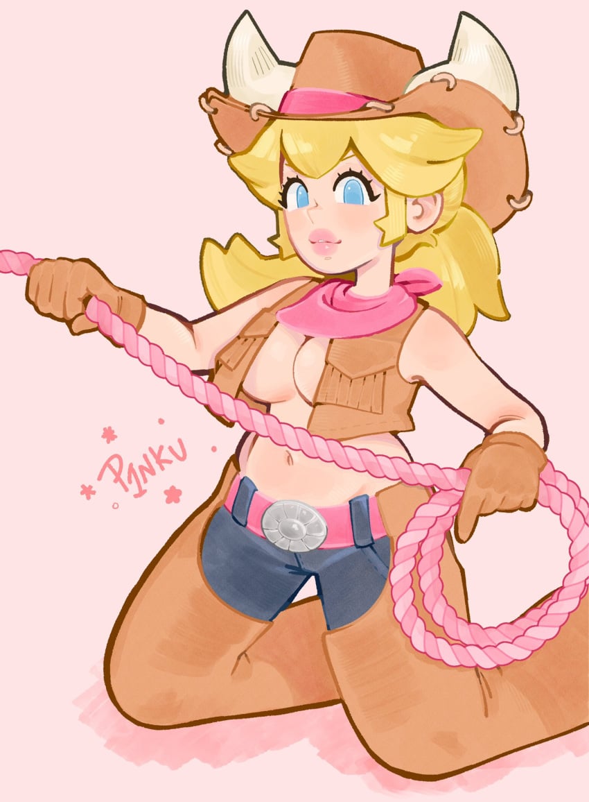 1girl 1girls 2024 2d 2d_(artwork) absurd_res absurdres bandana bare_arms belly_button belt belt_buckle blonde blonde_female blonde_hair blonde_hair_female blue_eyes boobs breasts brown_gloves brown_vest cleavage clothed clothed_female clothing covered_nipples cow_horns cow_print cow_print_legwear cowgirl cowgirl_hat cowgirl_outfit cowgirl_peach denim digital_drawing_(artwork) digital_media_(artwork) exposed_midriff female female_focus female_only gloves hi_res high_resolution highres jeans lasso light-skinned_female light_skin looking_at_viewer mario_(series) midriff navel nintendo no_bra no_bra_under_clothes official_alternate_costume on_knees p1nku pants pink_background pink_belt pink_lips ponytail princess_peach princess_peach:_showtime! scarf simple_background smile smiling smiling_at_viewer solo solo_female solo_focus tits vest watermark