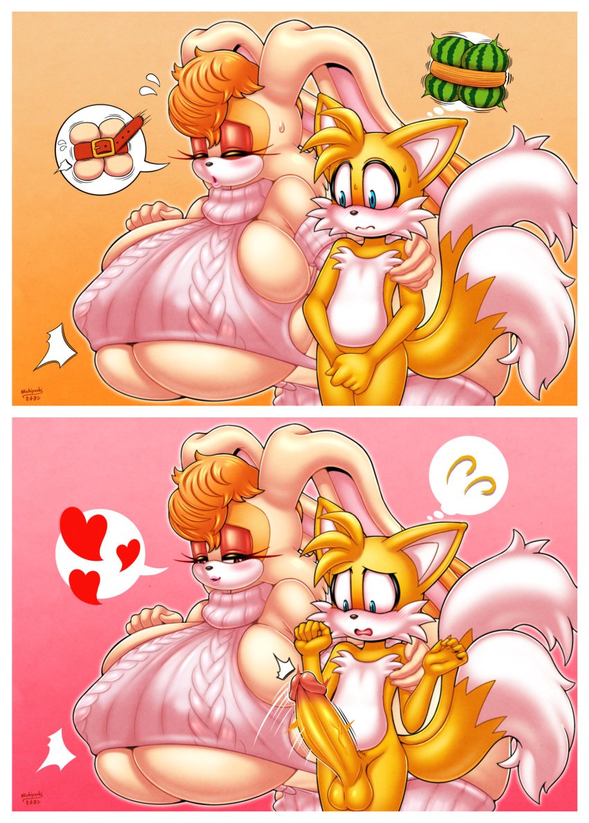 1boy 1girls big_breasts big_penis closed_eyes covering_crotch embarrassed erection female femboy fox_ears heart large_breasts larger_female mature_female michiyoshi miles_prower milf rabbit seductive_look smaller_male sonic_(series) tails tails_the_fox tight_clothing vanilla_the_rabbit