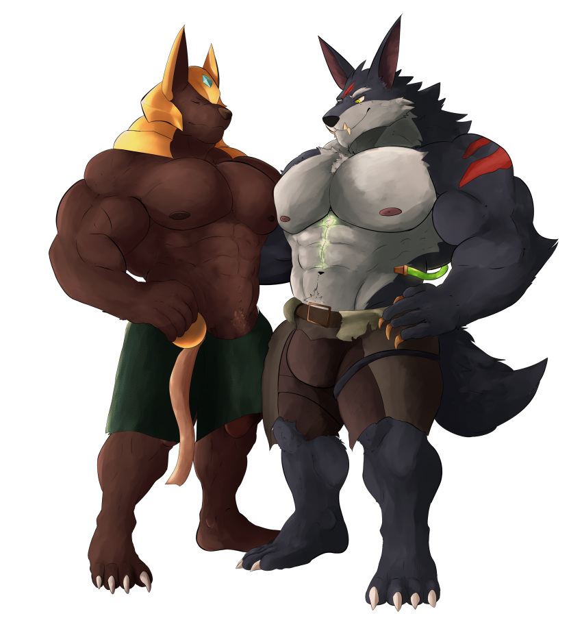 abs absurd_res alpha_channel anthro anubian_jackal biceps bottomwear bulge canid canine canis closed_eyes clothed clothing duo fluffywuffy fur genitals hi_res humanoid humanoid_genitalia humanoid_penis jackal league_of_legends looking_at_another male male/male mammal muscular muscular_anthro muscular_male nasus nipples pants pants_only pecs pecs_touching penis penis_through_clothing riot_games tail teeth warwick wolf