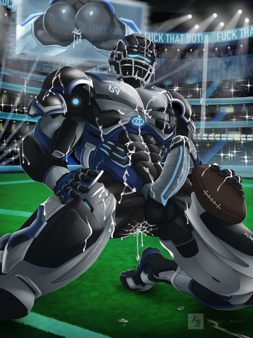 1boy after_sex american_football ass ass ass_focus balls black blue cleatus_the_fox_sports_robot cum cum_in_ass cum_inside cum_on_body dripping_cum erection football_player gay humanoid keoni_booni male muscular nude penis public robot solo solo_focus sport stadium stadium_background