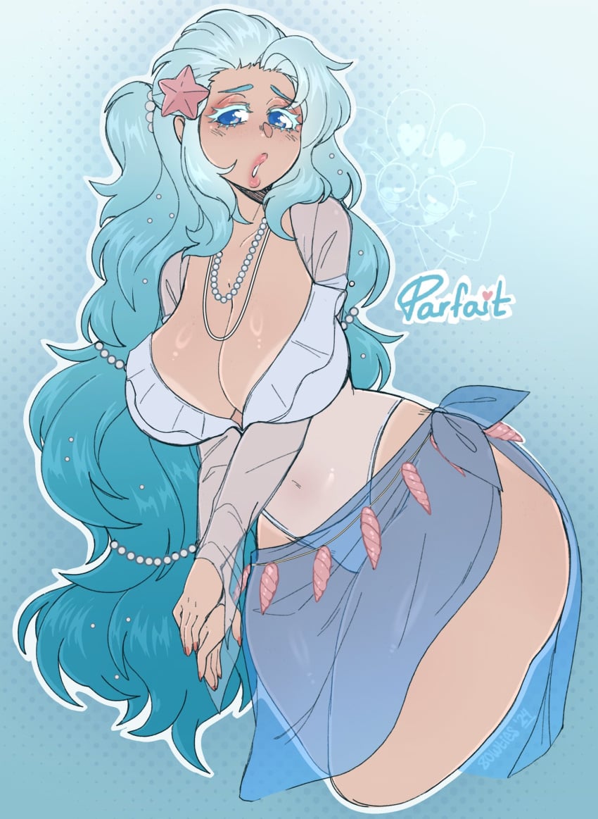 1girls 2024 8owties big_breasts blue_eyes blue_hair cleavage clothing female female_only generation_7_pokemon hi_res humanized humanized_pokemon long_hair looking_at_viewer narrowed_eyes nintendo original original_character pearl_necklace pokémon_(species) pokemon primarina solo starfish_hair_ornament thick_thighs