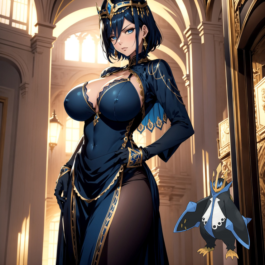 ai ai_generated blue_eyes blue_hair castle dress empoleon empolina headdress huge_breasts humanization nintendo pokemon pokewomen short_hair standing