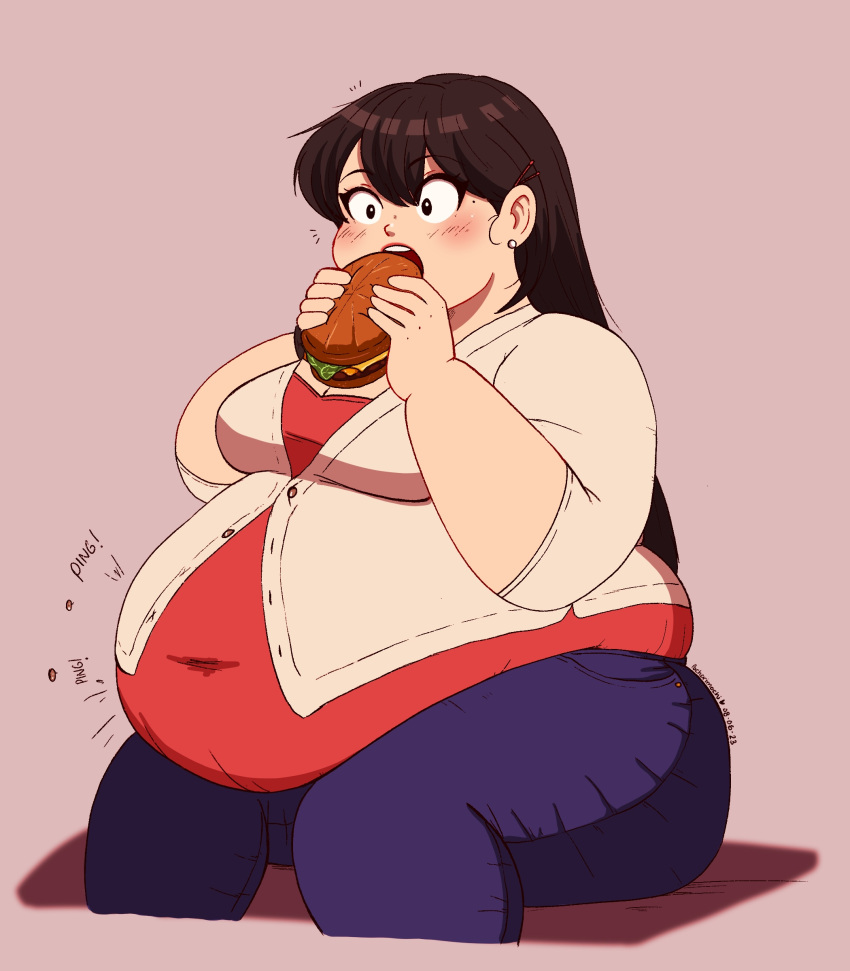 1girls black_hair burger button_pop clothed clothing eating embarrassed fat fat_ass female female_only lily_(pocharimochi) long_hair navel obese overweight pocharimochi popped_button stuffing surprised weight_gain