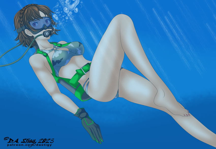 1girls 5_toes backpack barefoot belt bikini brown_hair clothing dastigy facewear feet female female_only female_solo gloves human makoto_niijima pale_skin persona persona_5 red_eyes scuba scuba_gear scuba_mask scuba_tank soles solo solo_female solo_only sportswear tactical_nudity toes underwater