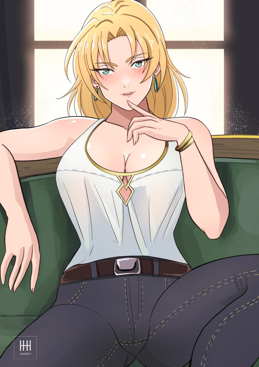 1girls bare_arms blonde_hair blue_eyes breasts cleavage contemporary couch denim female female_only finger_to_mouth fire_emblem fire_emblem:_the_sacred_stones green_eyes hand_on_own_face highres ihsnet jeans large_breasts leg_up looking_at_viewer nintendo on_couch pants selena_(fire_emblem:_the_sacred_stones) sitting smile solo spread_legs window yellow_hair