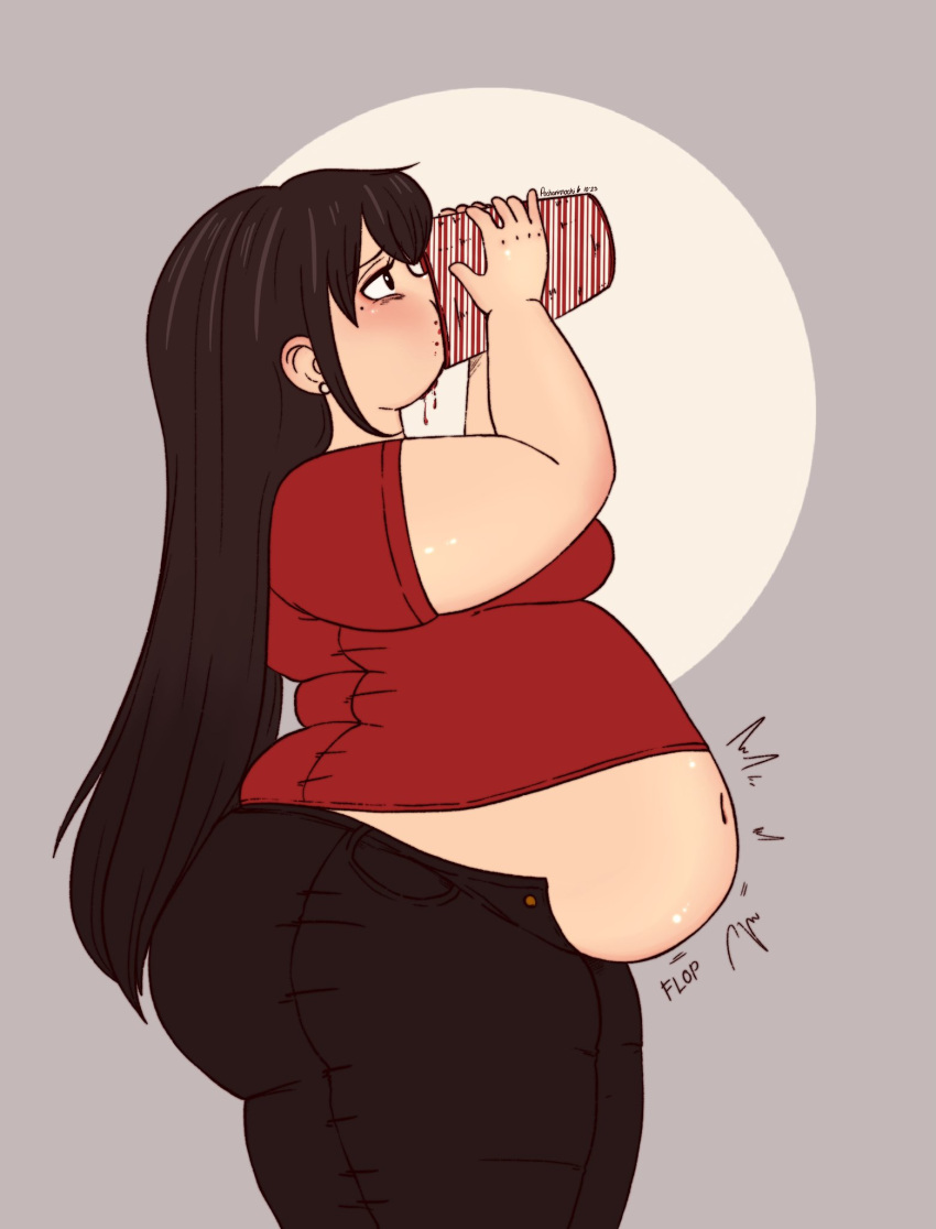 1girls ashamed big_belly binge black_hair bloated_belly blush chugging fat fat_ass female female_only gluttony greedy lily_(pocharimochi) long_hair milkshake navel overeating overweight pig pocharimochi shame slob stuffing unbuttoned wardrobe_malfunction weight_gain