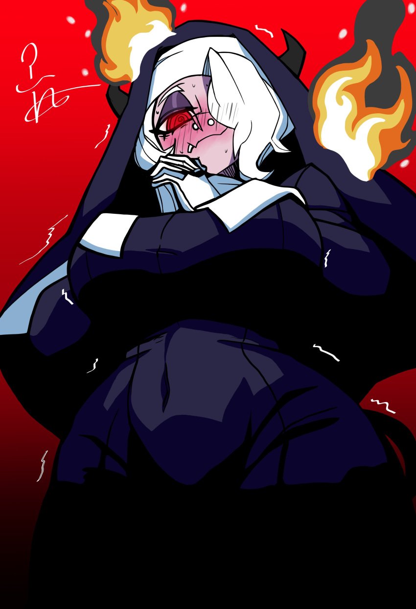 aroused blush breasts demon demon_girl devil_tail female_only habit hair_over_one_eye helltaker horns huge_breasts lip_piercing nose_piercing nun nun_outfit on_fire piercings praying red_eyes short_hair solo tail thick_thighs thieviusa thighs wavy_mouth white_hair wide_hips zdrada_(helltaker)