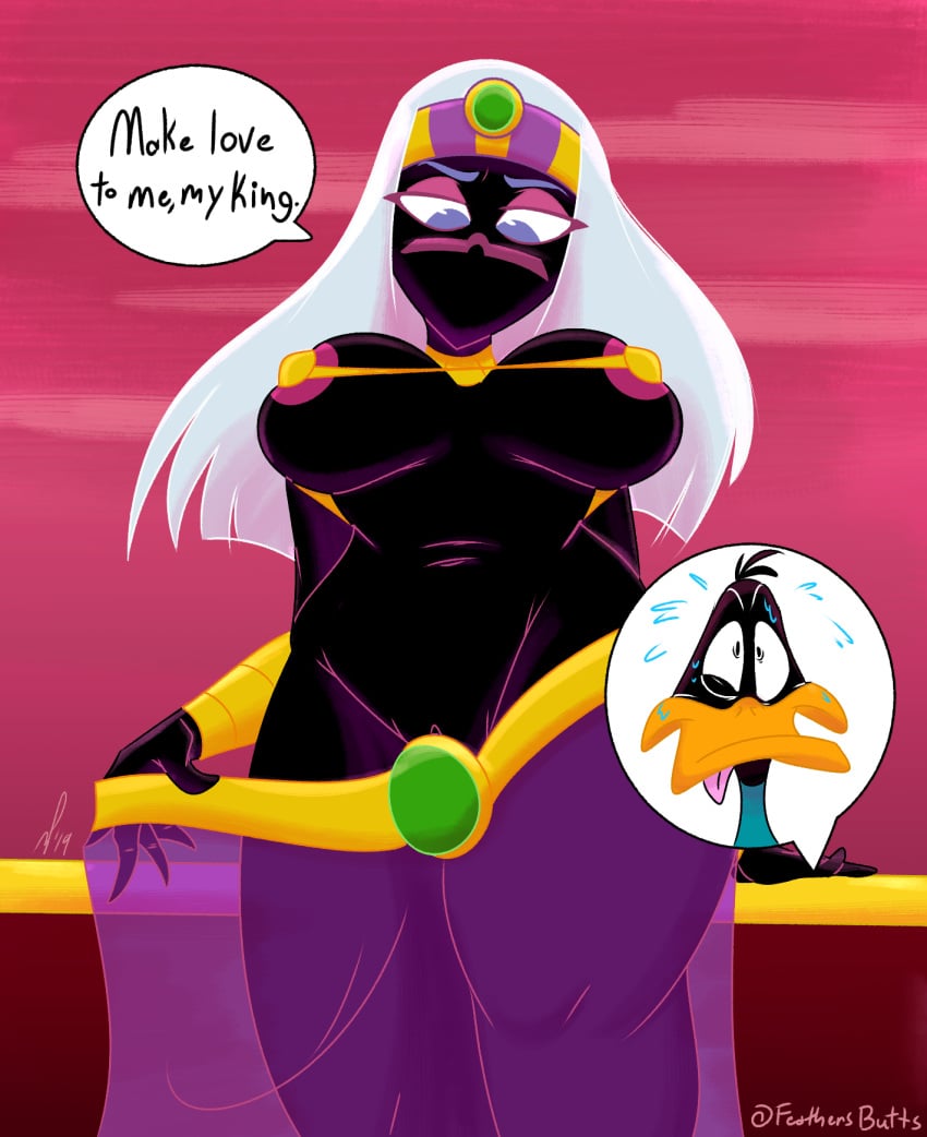 daffy_duck dialogue duck duck_dodgers feathersbutts looney_tunes martian micro_bikini_top purple_eyes purple_skirt queen_tyr'ahnee removing_clothing removing_skirt see-through_skirt warner_brothers