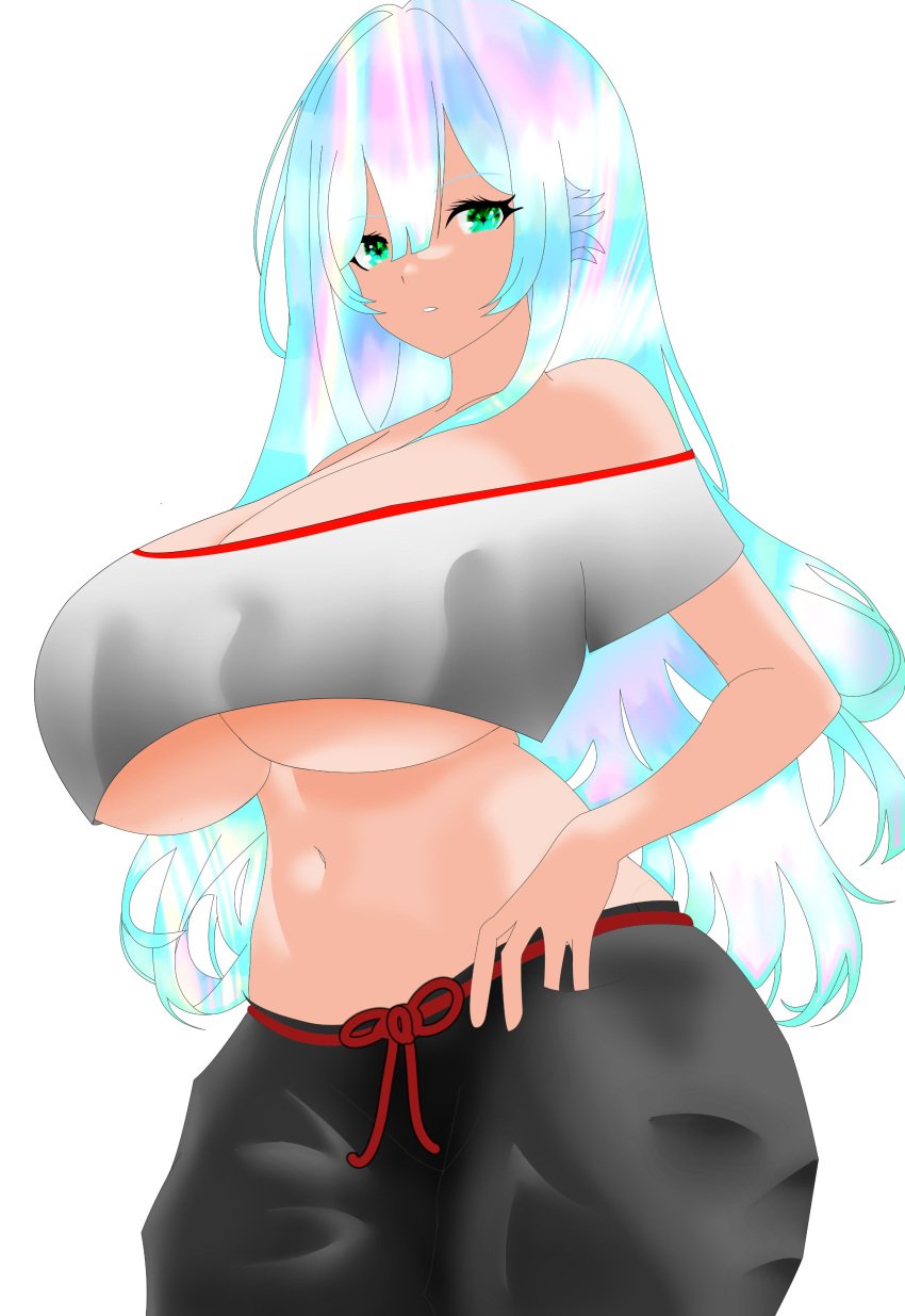 1girls baggy_pants big_breasts breasts busty crop_top curvy female female_only hazel_(oc)_(yojimbra) huge_breasts midriff multicolored_hair off_shoulder original pants rainbow_hair solo underboob wide_hips yojimbra