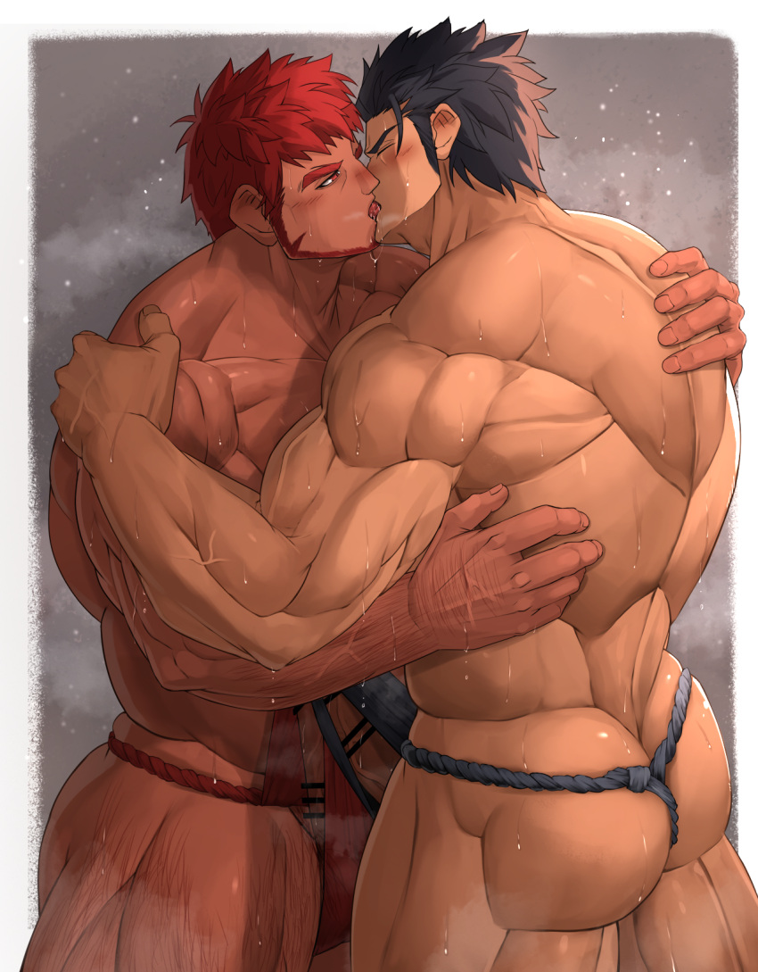 2boys ass bar_censor bara beard_stubble bellsaltr biceps black_fundoshi black_hair black_hair_bottom blush bulge bulge_press bulges_touching censored censored_penis closed_eyes domination erection facial_hair french_kiss frottage fundoshi gay highres hug huge_ass japanese_clothes kissing light_hair_on_dark_hair light_particles male male_focus male_only male_underwear manly mature_male multiple_boys muscles muscular muscular_arms muscular_ass muscular_back muscular_legs muscular_male muscular_thighs original original_character penis penises_touching red_eyes red_fundoshi red_hair red_hair_on_black_hair red_hair_top rokushaku_fundoshi short_hair simple_background spiked_hair steam steaming_body stubble sweat sweatdrop thick_arms thick_eyebrows thick_thighs thighs tongue underwear veins yaoi