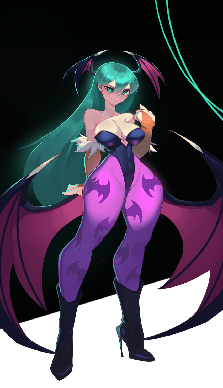 1girls 2024 absurd_res bat_print capcom darkstalkers female female_only gauntlets green_eyes green_hair head_wings heel_boots leotard long_hair looking_at_viewer morrigan_aensland pantyhose purple_pantyhose roxy_thefoxy smiling smiling_at_viewer solo succubus succubus_wings thick_thighs wide_hips wings