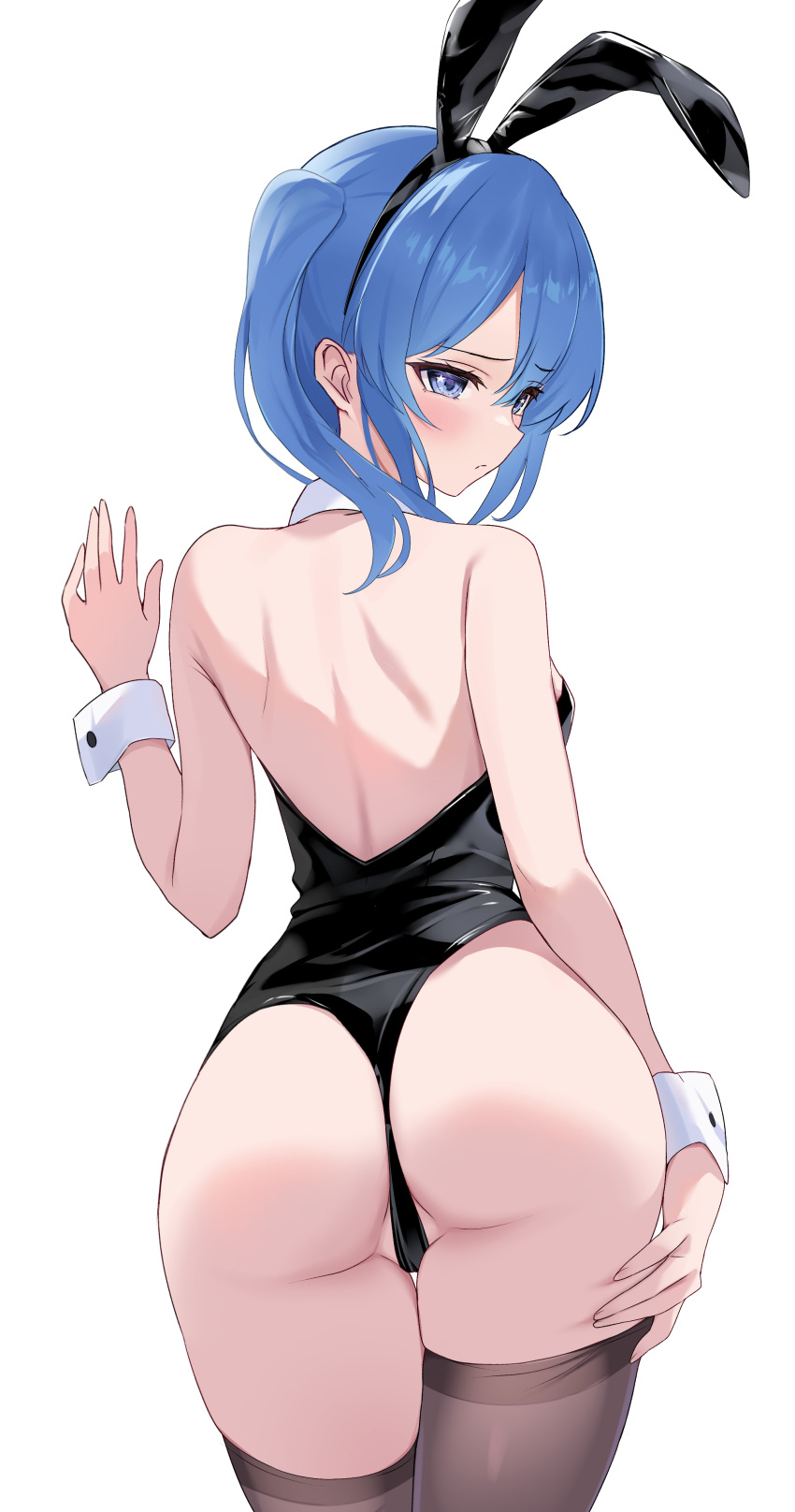 1girls ass bare_shoulders black_leotard black_thighhighs blue_eyes blue_hair bunny_ears bunnysuit detached_collar fake_animal_ears fawny female female_only fully_clothed hair_between_eyes hololive hololive_gen_0 hololive_japan hoshimachi_suisei medium_hair rabbit_ears revealing_clothes skimpy_clothes small_breasts solo star_in_eye virtual_youtuber wrist_cuffs