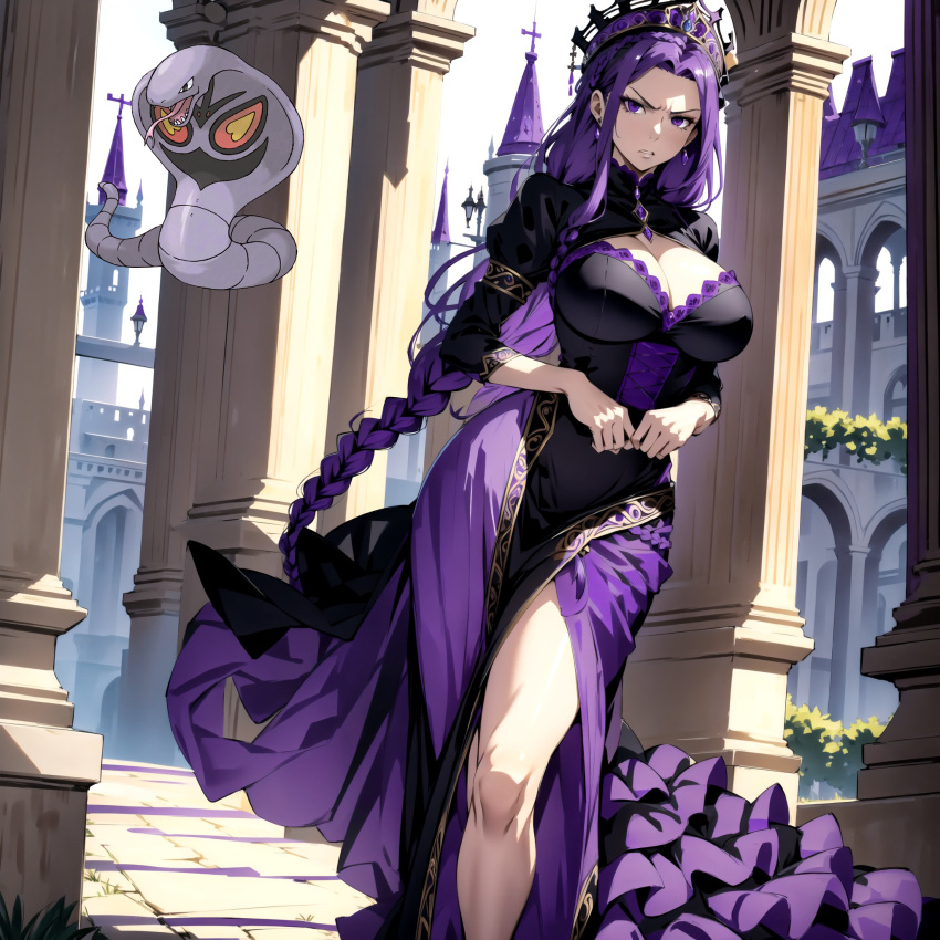 ai ai_generated arbinosa arbok braided_hair castle dress headdress huge_breasts humanization long_hair nintendo pokemon pokewomen purple_eyes purple_hair standing