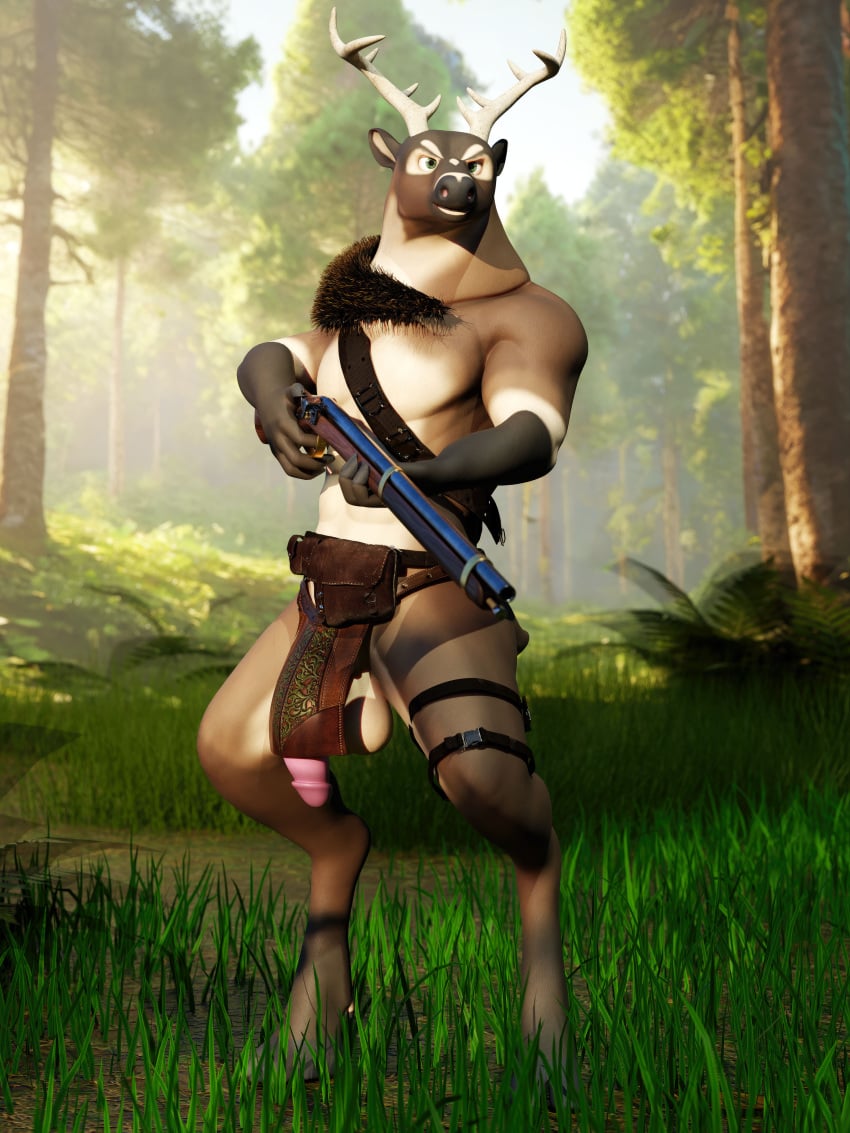 absurd_res anthro antlers balls big_balls big_penis bottomwear chadotexas clothing deer detailed_background flaccid forest genitals gun hi_res holding_object holding_weapon hooves horn humanoid_genitalia humanoid_penis ineffective_bottomwear ineffective_clothing male mammal muscular muscular_male musket penis plant ranged_weapon solo tree weapon