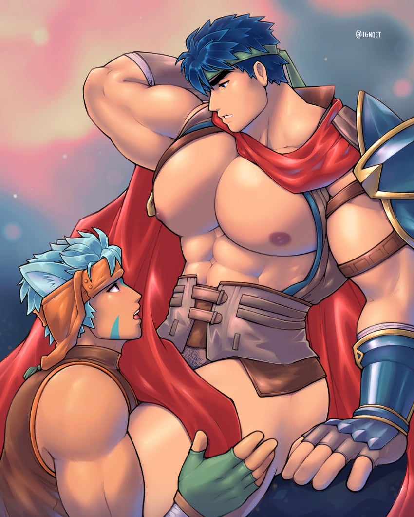 2boys abs accessory animal_ears armor bandage bara bara_tits between_legs biceps big_pecs blue_hair blue_pubes brown_clothing cape cat_ears catboy clenched_teeth clothing duo facial_markings felid feline fingerless_gloves fire_emblem fire_emblem:_radiant_dawn gay gloves green_clothing green_fingerless_gloves green_gloves green_handwear green_headband green_headwear hair handwear head_markings headband headgear headwear hi_res huge_biceps human humanoid ignoet ike_(fire_emblem) kneeling laguz_(race) large_pectorals looking_down looking_up male male/male male_only mammal markings muscular muscular_male narrowed_eyes nintendo nipples open_mouth pecs pectorals pubes pubic_hair ranulf_(fire_emblem) red_cape red_clothing short_hair signature slutboy spiky_hair teeth teeth_showing thick thick_eyebrows thick_thighs thighs tongue twitter_username wide_thighs yaoi