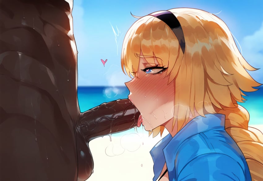 1boy 1girls ai_generated artstyle_imitation beach blonde_hair blowjob blue_eyes braided_hair breasts dark-skinned_male dark_skin fate/grand_order fate_(series) fellatio female floox hi_res huge_breasts huge_cock interracial jeanne_d'arc_(fate) jeanne_d'arc_(swimsuit_archer) light-skinned_female light_skin long_hair male outdoors penis stable_diffusion thiccwithaq_(ai_style) thick_thighs uncensored