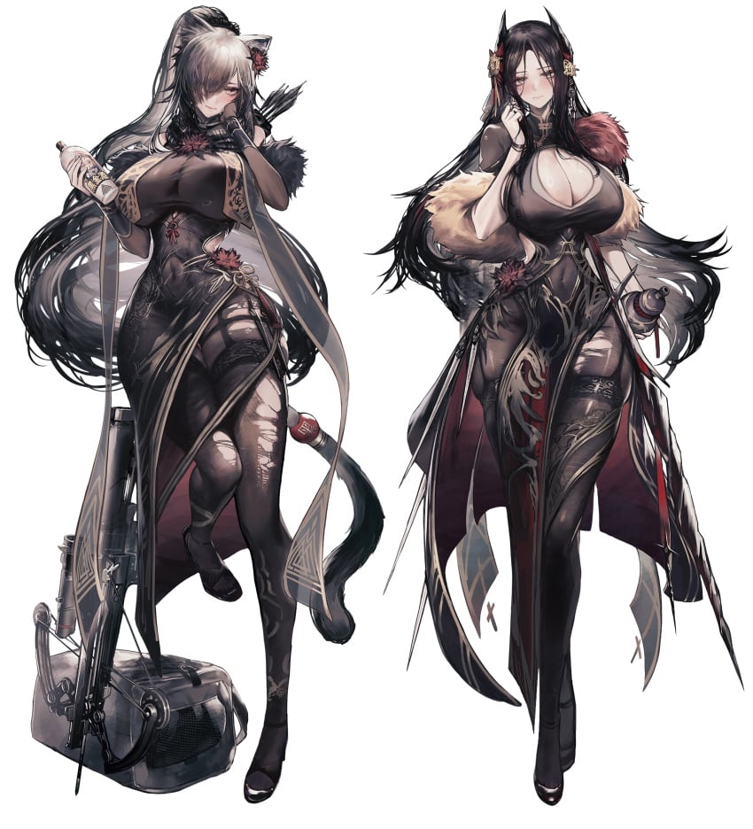 2girls arknights cat_ears female female_only horns huge_breasts ines_(arknights) schwarz_(arknights) see-through_clothing solfi0211 tail