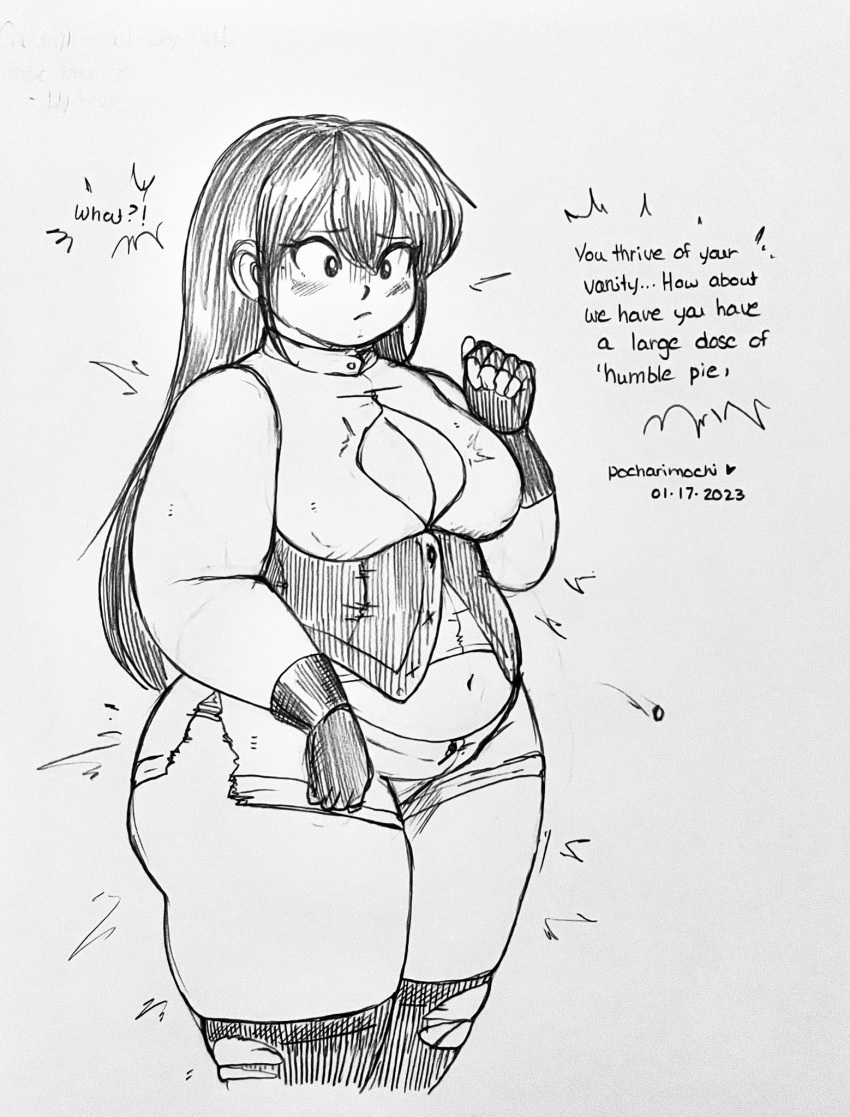 1girls blush button_pop chubby cleavage clothed clothing colorless curse fat fat_ass female female_only greyscale lily_(pocharimochi) long_hair magic navel plump pocharimochi popped_button spell text thick_thighs torn_clothes uncolored wardrobe_malfunction weight_gain