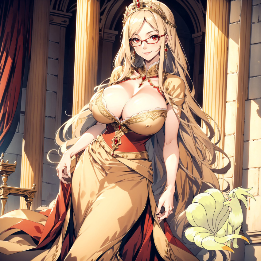 ai ai_generated beige_hair castle dress headdress huge_breasts humanization nina ninetales nintendo pokemon pokewomen red_eyes short_hair standing