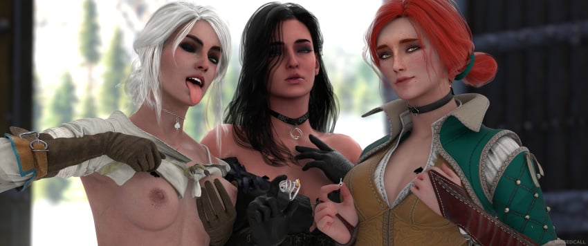 3d 3girls blacked blacked_clothing chastity_cage choker ciri female female_only flashing_breasts missed_call multiple_girls qos qos_clothing qos_tattoo queen_of_spades queen_of_spades_symbol the_witcher_(series) the_witcher_3:_wild_hunt tongue tongue_out triss_merigold wallpaper yennefer