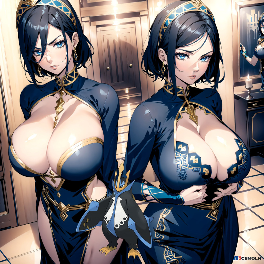 ai ai_generated blue_eyes blue_hair castle dress empoleon empolina headdress huge_breasts humanization nintendo pokemon pokewomen short_hair standing