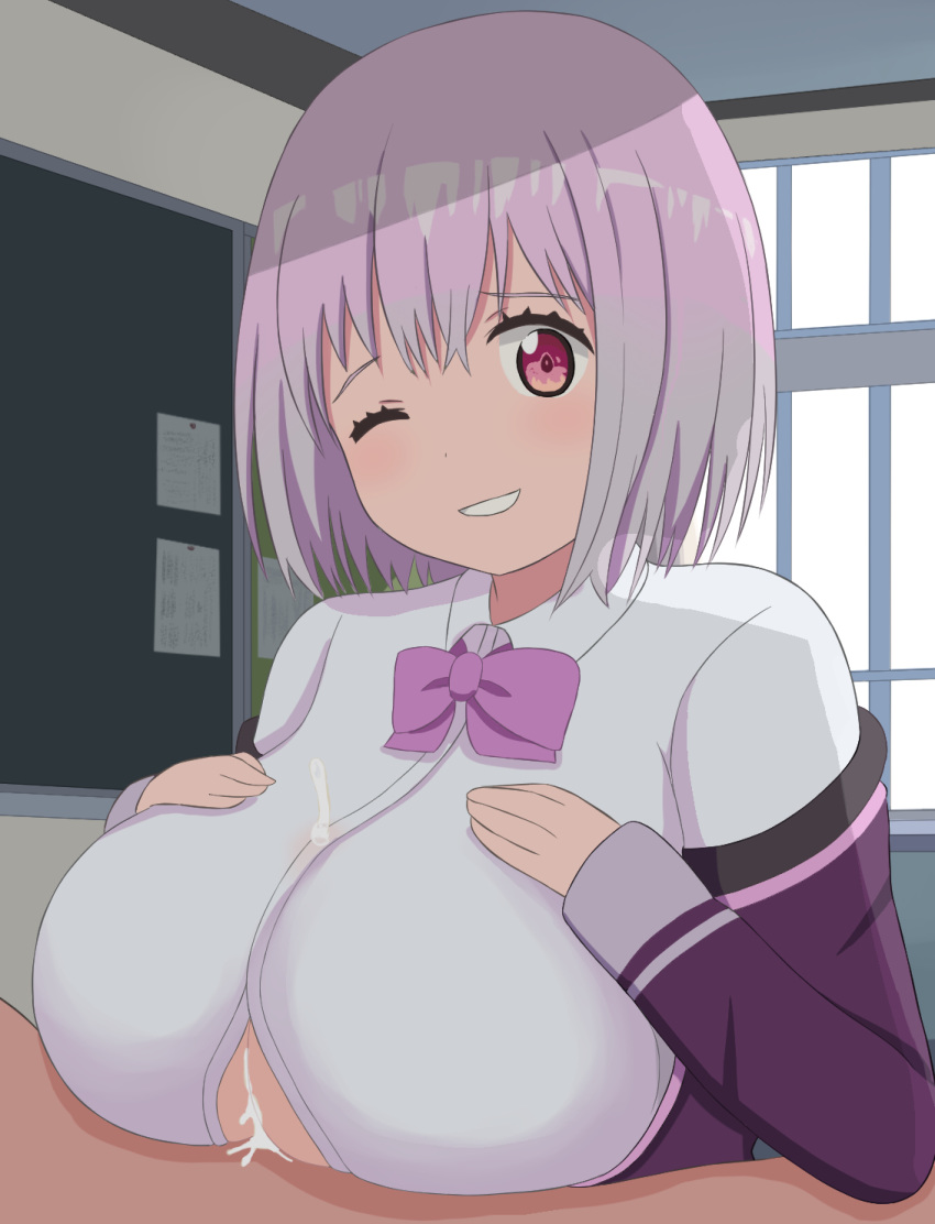 anipaiman big_breasts female lavender_hair male nipples paizuri paizuri_under_clothes red_eyes shinjou_akane short_hair ssss.gridman straight