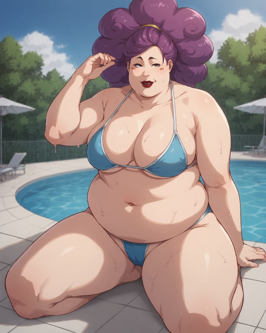 1girls ai_generated anime bikini bleach bleach:_the_thousand-year_blood_war breasts_bigger_than_head fat fat_woman female female_only hikifune_kirio kneeling lipstick outside overweight overweight_female pool poolside purple_hair solo stable_diffusion thick_thighs voidvoyager voluptuous voluptuous_female wet