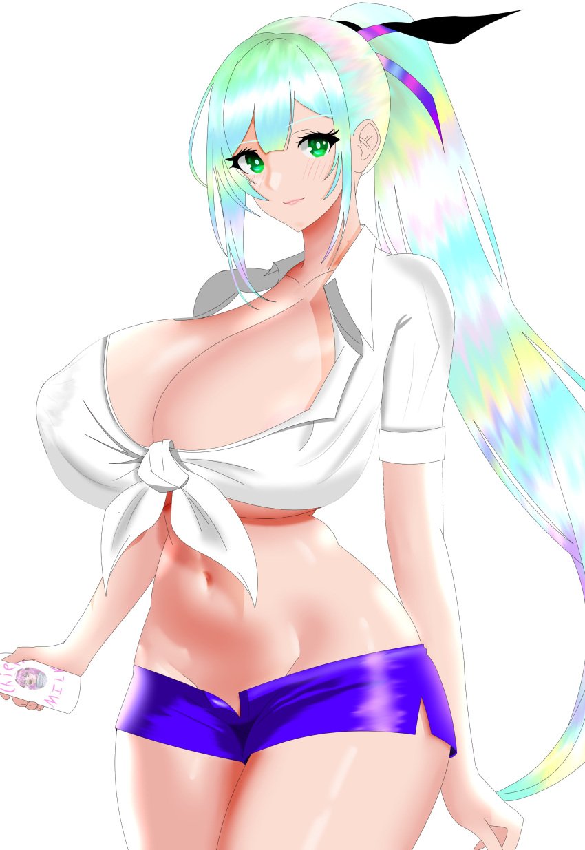 1girls belly_button big_breasts breasts busty cleavage curvy female female_only hazel_(oc)_(yojimbra) midriff multicolored_hair original ponytail rainbow_hair short_shorts shorts skimpy skimpy_clothes solo tied_shirt unbuttoned unbuttoned_shorts wide_hips yojimbra