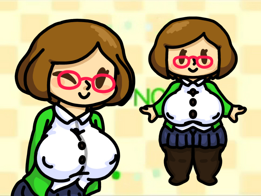 2d big_breasts brown_eyes brown_hair buttons clothed clothing glasses green_jacket huge_breasts huge_thighs leggings legokoopa_(artist) mii nikki_(swapnote) nintendo_3ds pants red_glasses self_upload short_hair shortstack simple_background simple_shading skirt solo solo_female solo_focus swapnote thick_ass thick_thighs white_shirt wink winking_at_viewer