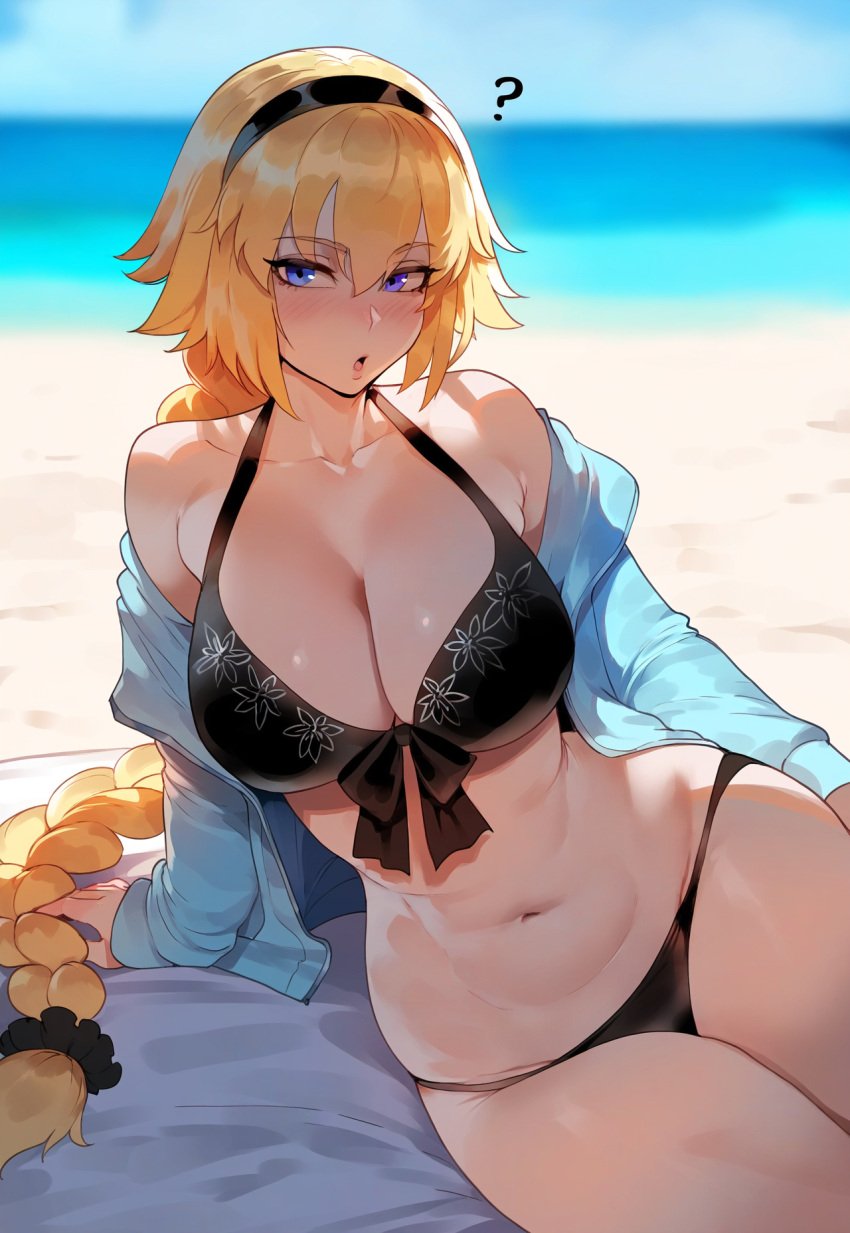 1girls ai_generated artstyle_imitation beach blonde_hair blue_eyes braided_hair breasts fate/grand_order fate_(series) female female_only floox hi_res huge_breasts jeanne_d'arc_(fate) jeanne_d'arc_(swimsuit_archer) light-skinned_female light_skin long_hair outdoors stable_diffusion thiccwithaq_(ai_style) thick_thighs