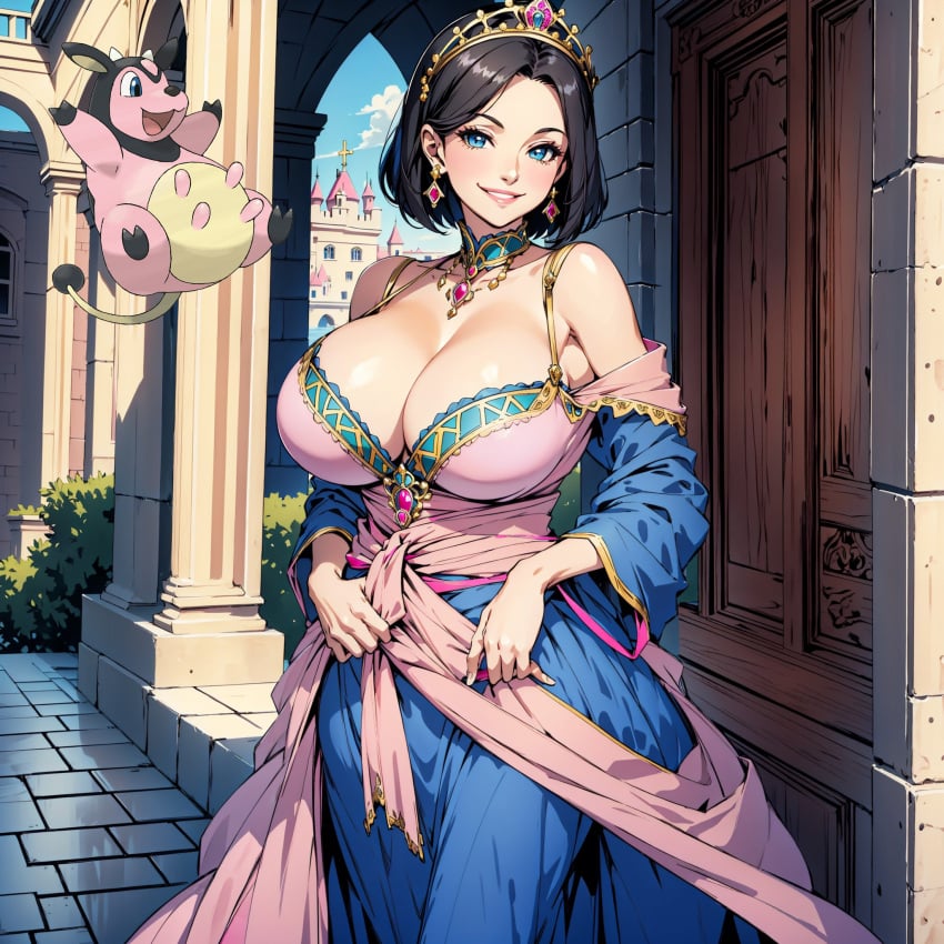 ai ai_generated black_hair blue_eyes castle dress headdress huge_breasts humanization humanized humanized_pokemon mill miltank nintendo pokemon pokewomen short_hair standing