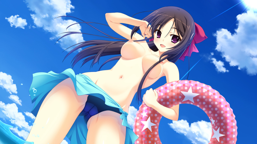 ama_ane breasts brown_hair cameltoe female game_cg hair_ribbon innertube kikurage_(plastic_people) navel nipples purple_eyes ribbon sarong sky solo submerged swim_ring swimsuit topless yashima_otome