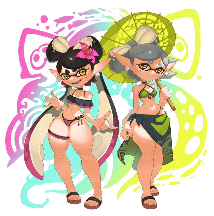 2024 2girls absurd_res bikini callie_(splatoon) cousins cross-shaped_pupils earrings female female_only inkling jewelry looking_at_viewer marie_(splatoon) mole mole_under_eye multiple_girls nintendo pointy_ears roxy_thefoxy sharp_teeth smile smiling smiling_at_viewer splatoon squid_girl squid_sisters summer swimsuit symbol-shaped_pupils teeth tentacle_hair thick_thighs thighs umbrella v wide_hips