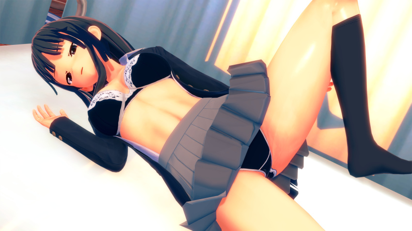 1girls 3d black_bra black_hair black_panties bra breasts classroom female human human_only k-on! kneehighs koikatsu legwear lingerie long_hair looking_away medium_breasts mio_akiyama_(k-on!) open_shirt panties pose posing school school_uniform schoolgirl shirt shy skirt skirt_lift socks solo solo_female underwear xixipapa