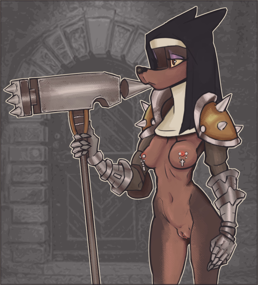 1girls anthro armor black_nose breasts canid canine clothing female female_only gauntlets genitals gloves handwear hi_res holding_object holding_weapon inside katlek mammal mostly_nude nipples pussy shoulder_guards solo weapon