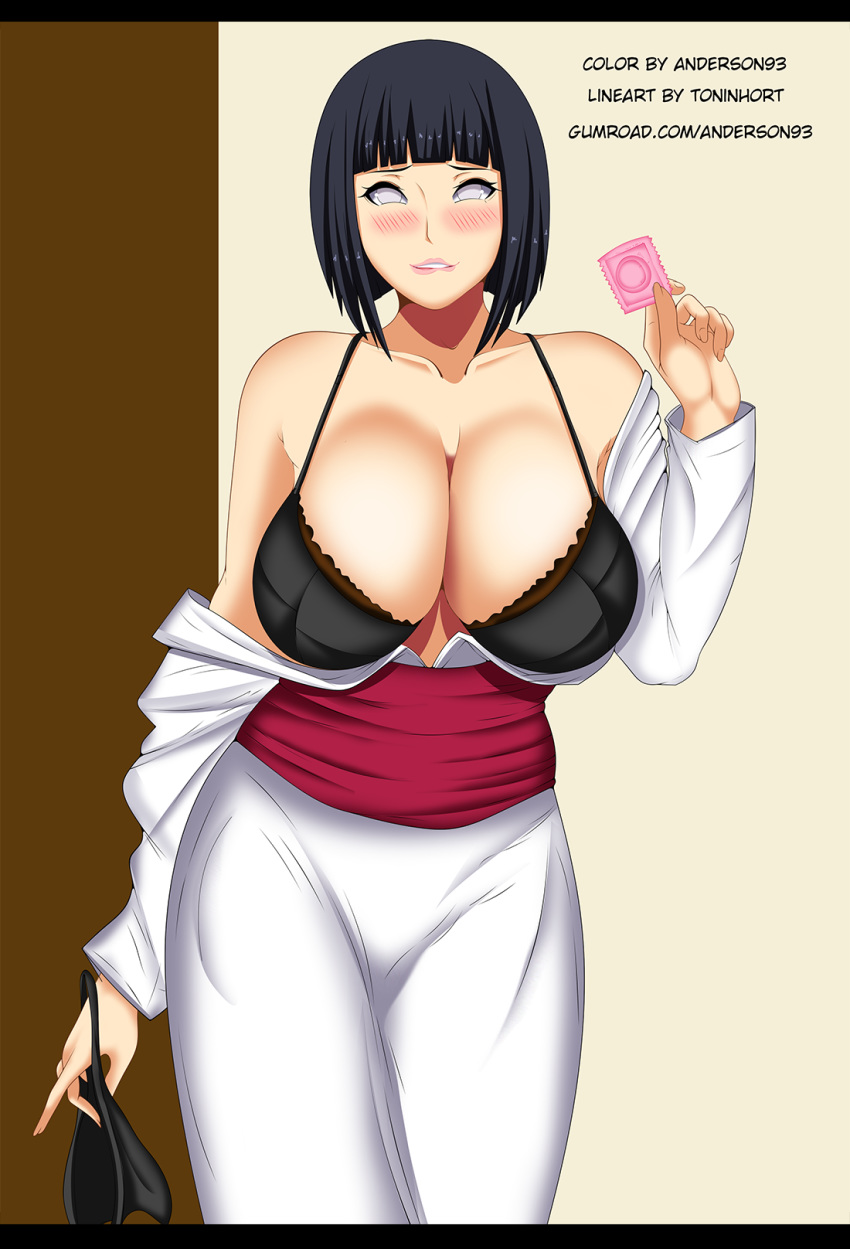 1girls anderson93 bare_shoulders big_breasts biting_lip blush bob_cut boruto:_naruto_next_generations bra breasts cleavage condom female female_only holding_object holding_panties hyuuga_hinata kimono kimono_pull large_penis lipstick makeup naruto naruto_(series) off_shoulder panties purple_hair recolor underwear violet_eyes