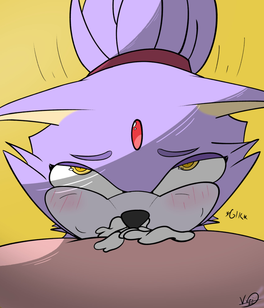 anthro blaze_the_cat blush bodily_fluids cum cum_in_nose deep_throat domestic_cat duo felid feline felis female forehead_gem fur genital_fluids hi_res male mammal oral purple_body purple_fur simple_background sonic_(series) sonic_the_hedgehog_(series) straight veevei yellow_background yellow_eyes