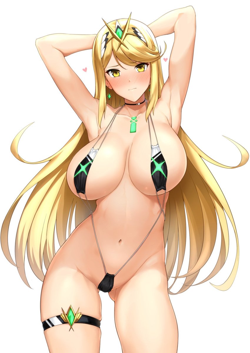 1girls armpits arms_above_head arms_behind_head arms_up barely_clothed blonde_hair blush choker ear_piercing earrings female front_view gem gold_eyes hair_ornament halcon hands_behind_head harukon_(halcon) hikari_(xenoblade_2) huge_breasts jewel long_hair looking_at_viewer micro_bikini mythra navel nintendo partially_clothed piercing sling_bikini swimsuit thigh_band thigh_gap tiara very_long_hair white_background xenoblade_(series) xenoblade_chronicles_2 yellow_eyes