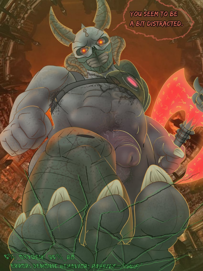 1boy absurd_res anthro anthro_on_top armor balls body_hair demon dialogue domination doom doom_slayer_(doom) duo english_text feet first_person_view foot_fetish foot_focus foreskin genitals glowing glowing_eyes grey_body hi_res horn human human_on_anthro humanoid humanoid_genitalia humanoid_penis interspecies male male/male male_domination male_only mammal marauder_(doom) mask muscular muscular_male nails penis sirbossy1 soles solo toes uncut vein veiny_penis video_games weapon