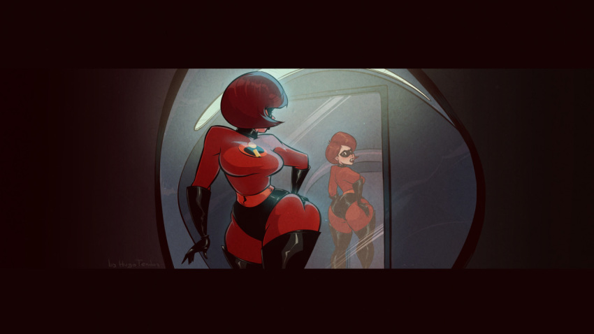 1girls armwear ass big_breasts bodysuit brown_eyes brown_hair canonical_scene clothing disney elastigirl elastigirl_ass_redraw eyewear female female_only footwear handwear helen's_ass_check helen_parr hugotendaz legwear mask mature_female milf mirror nipples nipples_visible_through_clothing pixar short_hair smooth_skin solo solo_female solo_focus superheroine the_incredibles