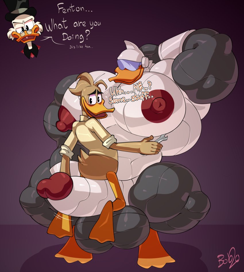 2020 5_fingers anatid anseriform anthro ass avian balls beak big_balls big_muscles big_penis bird blush bobthetanuki bottomless brown_body brown_feathers brown_hair clothed clothing dialogue disney duck ducktales ducktales_(2017) english_text erection eyewear feathers fenton_crackshell-cabrera fingers gay genitals gizmoduck glans glasses group hair hand_behind_head hat headgear headwear hi_res huge_balls huge_cock huge_muscles humanoid_genitalia humanoid_penis hyper hyper_balls hyper_genitalia hyper_muscles hyper_nipples hyper_penis machine male male/male male_only membrane_(anatomy) metal_penis metallic_body muscular muscular_male nipples open_mouth penis puffy_nipples robot scrooge_mcduck shirt simple_background sitting sitting_on_penis text tongue tools top_hat topwear webbed_feet what white_body wrench yaoi