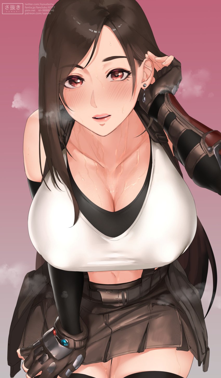 1girls big_breasts brown_eyes brown_hair cleavage clothed clothing female female_only final_fantasy final_fantasy_vii final_fantasy_vii_remake kyoudasha large_breasts long_hair looking_at_viewer nipples nipples_visible_through_clothing sanuki_(kyoudashya) skirt solo solo_female tifa_lockhart