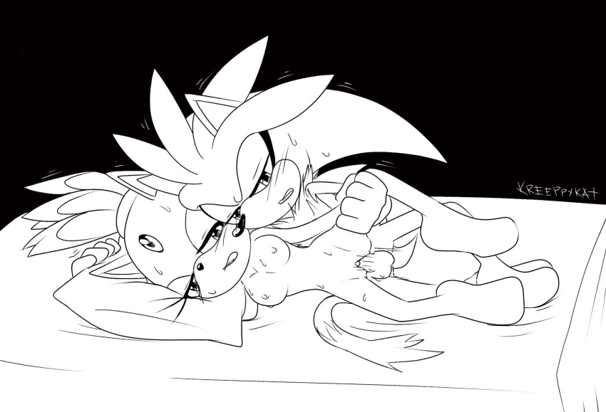 bed black_and_white blaze_the_cat feline hedgehog kreeppykat naked nude sex silver_the_hedgehog sonic_(series) vaginal_sex