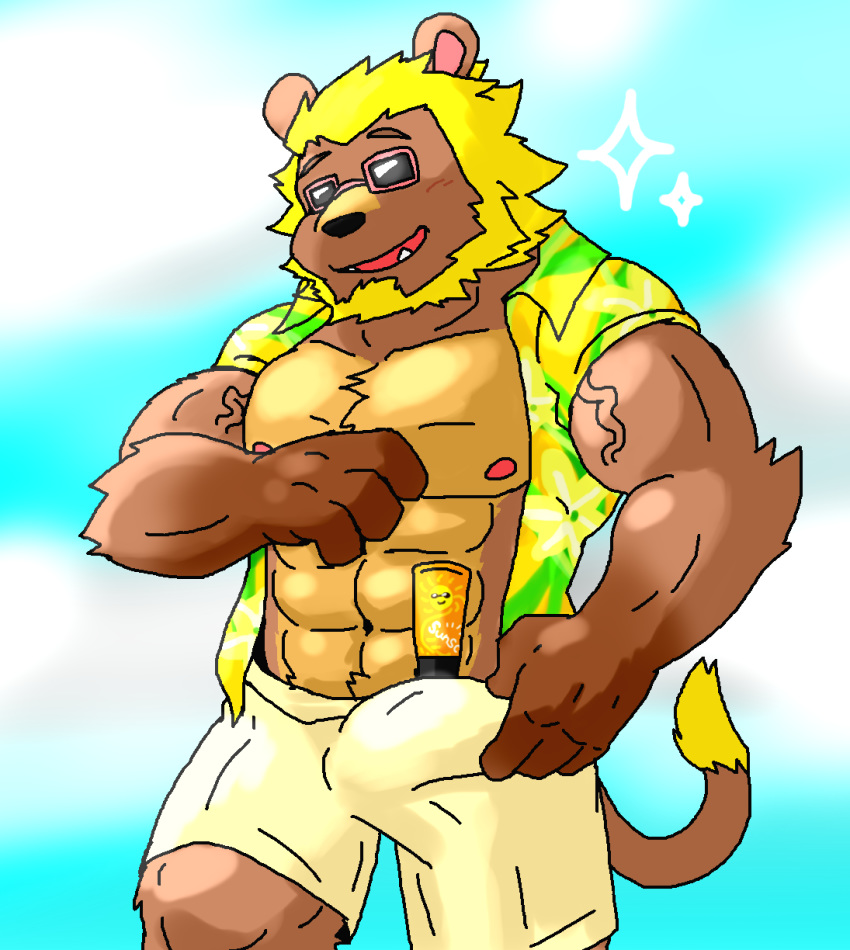 aloha_shirt animal_crossing anthro blonde_hair bottomwear bud_(animal_crossing) bulge clothing eyewear felid genital_outline hair hi_res lion male male_only mammal mane mane_hair muscular muscular_male nintendo pantherine penis_outline shampoo shampoo_challenge shorts solo sunglasses video_games